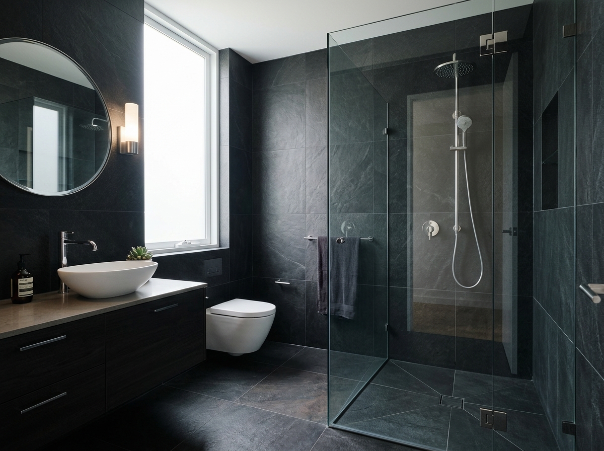 Modern dark-tile contrast bathroom shower enclosure