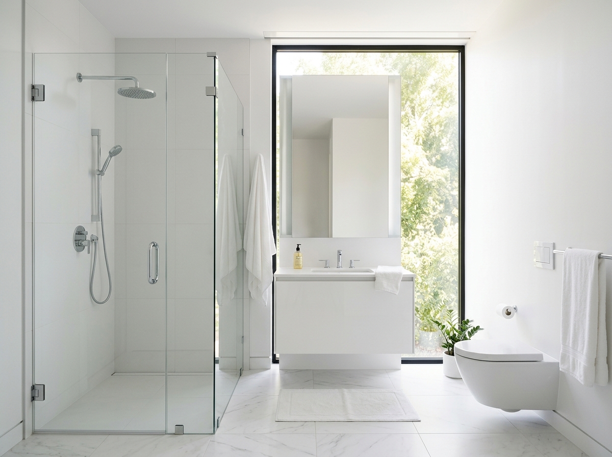 All-white minimalist bathroom shower enclosure