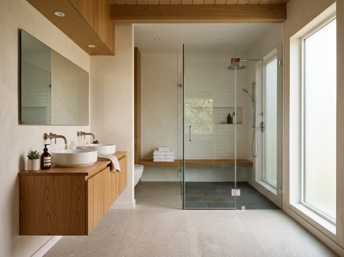 Warm wood-accent bathroom shower enclosure