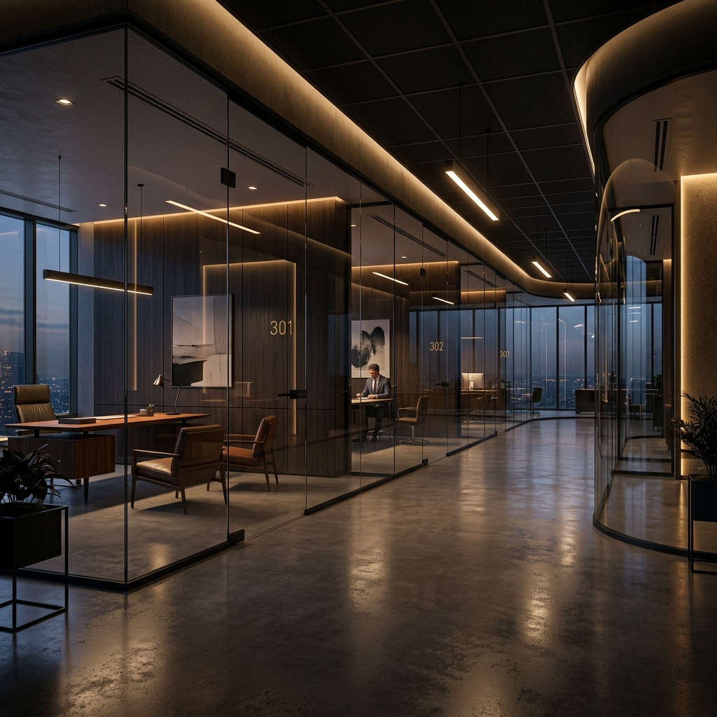 Premium glass office partition — wide shot of modern workspace